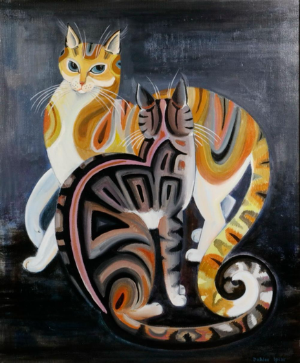 painting depicting a pair of tabby / calico cats, one in back orange standing in side profile and one in front grey looking towards the other, both with white undersides, with tips of curled tails entwined, on grey background