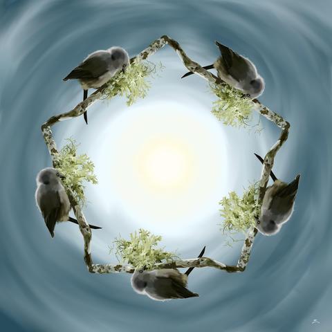 A pentagon made of a continuous bent twig lined with lichen. There is rotational symmetry and about halfway along each segment of the pentagon side, there is gathered bunch of lichen and moss with a bush tit on each one. The background goes from a pale yellow to a muted slate blue with a feeling of smeared clouds int he texture. The bushtits have silver lining.
