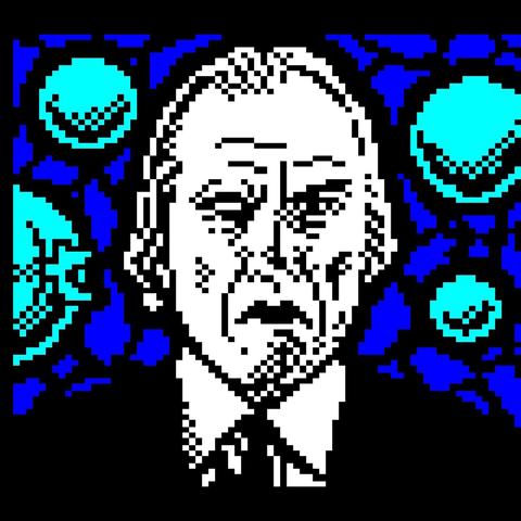 A spooky long-haired old man in a suit grimaces at the viewer, surrounded by sinister floating bladed chromed spheres.