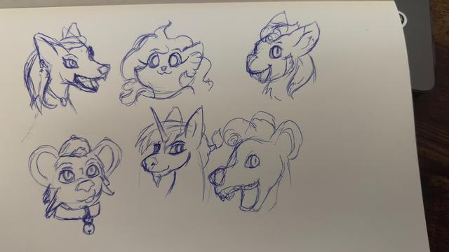 blue ink on paper, 6 drawn furry characters from the neck up