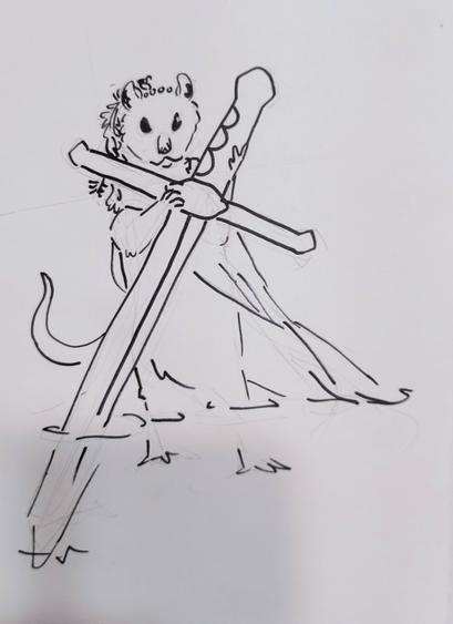 a drawing in sharpie of a rat standing  upright in a lake holding a big sword