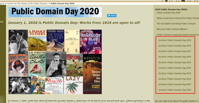 كما ترى في اليمين، ينشر الموقع كل عام مجموعة من الأعمال التي دخلت ضمن الملكية العامة