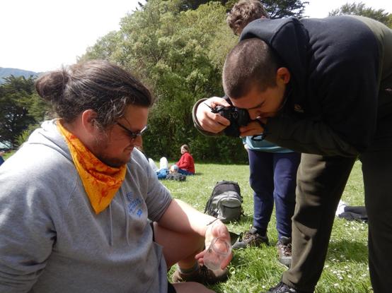 A photo of George Gibbs (entomology postgrad student) on the left with a stick insect he found that's sitting on his arm. On the right is Mac, one of our first year ecology undergrads, taking a photo of the stick insect for iNaturalist. This is during our lunch break so in the background there are students sitting in the sun on the grass eating their lunch.