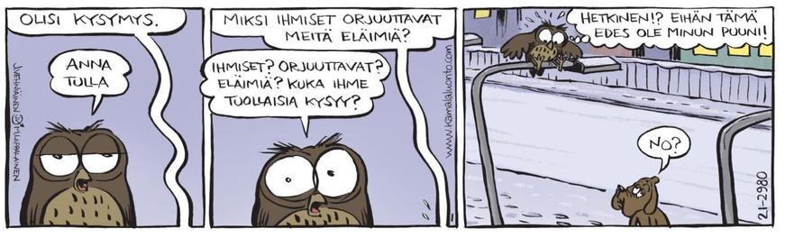 Carl Barksin suuntaan nyökkäävä Kamala luonto -strippi.