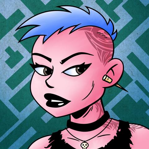 Young woman with a blue Mohawk, she has tribal style tattoos on the left side of  her head, neck and shoulder. There is a pointed rod piercing her right earlobe,  a choker and necklace around her neck and she is wearing a tattered black vest.