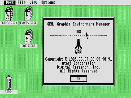 Capture d'écran du bureau GEM d'un ATARI ST où l'on voit un tiroir de fichier qui symbolise le "floppy disk"