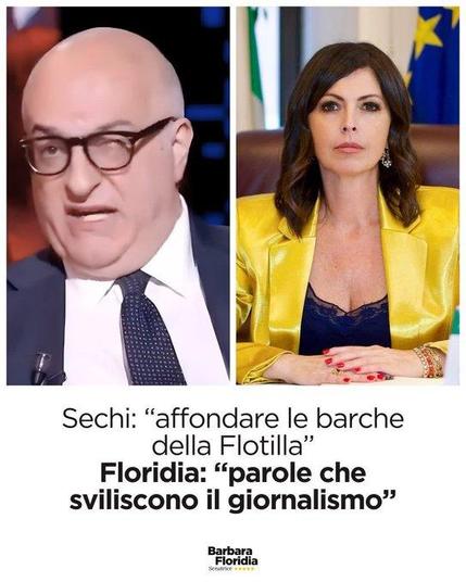 L'immagine mostra due ritratti affiancati. A sinistra Mario Sechi e a destra Barbara Floridia. Sotto le immagini c'è il testo: "Sechi: 'affondare le barche della Flotilla' Floridia: 'parole che sviliscono il giornalismo'"