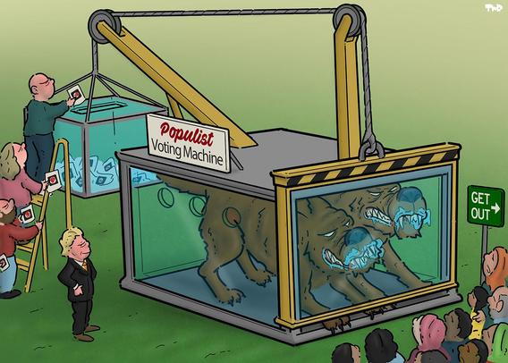 Cartoon showing a large machine labeled "Populist Voting Machine." On one side of the device, angry voters are placing their ballots into a glass ballot box. This box hangs from a steel cable, connected by pulleys to a slider that closes off a cage containing two large dogs with sharp, bared teeth. As the ballot box contains more votes and thus becomes heavier, it pulls the slider upwards. A group of anxious-looking Muslims and migrants stands in front of the slider.