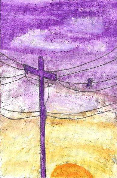 Un poteau électrique en contre-jour avec en dégradé de violet jusqu'à orange l'aube et le soleil qui se lève, du coup