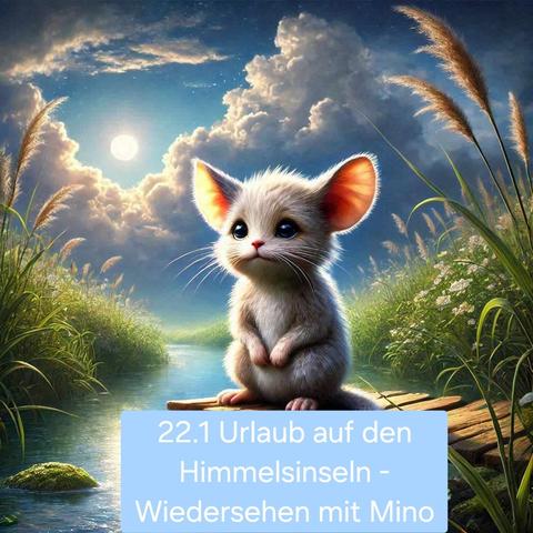 KI Bild. Ein magisches Wesen, das aussieht wie eine Mischung aus Maus und Katze sitzt auf einem Steg an einem Fluss. Es schaut traurig und anrührend aus. Das Ufer ist vorwiegend mit Schilf bewachsen. Am Himmel türmen sich Wolken, dazwischen etwas blau. Unten in der Mitte befindet sich ein hellblauer Kasten, in dem mit weißer Schrift steht: "22.1 Urlaub auf den Hiimmelsinseln."