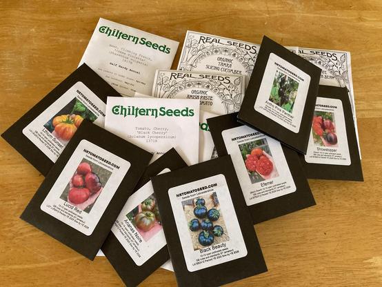 Various seed packets from three different seed companies: Real Seeds, Chiltern seeds and NRTomatoseed.com on a wooden tabletop. The Chiltern seeds and real seeds are in white packets. The NRTomatoseed are black packets with white information labels with a colour photo of the fruit variety. The types vary from reds through to black and marmande, medium and cherry sized fruits. Varieties included are: cosse Violette climbing french bean, lithium sunset, black cherry, lucid red, tamra slicing cucumber, Amish paste, ananas noire, black beauty, Efemer, Antho pink panther, lazy housewife climbing butter bean and showstopper.
