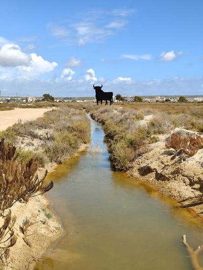 Blue sky with a creek going towards a huge billboard of a bull in black.