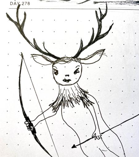 Quicksketch of a deer-like figure holding bow and arrow.