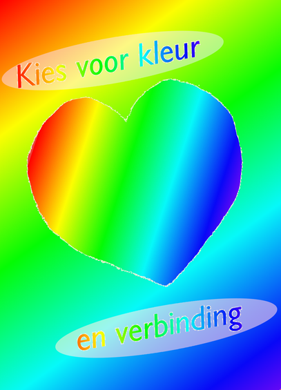 Een hart in regenboogkleuren, met een achtergrond in regenboogkleuren en een tekst in regenboogkleuren: kies voor kleur en verbinding.