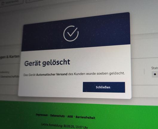 Die Webseite der GLS Bank bestätigt, dass ein Gerät für den SecureGO Zugang gelöscht worden ist.