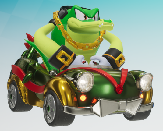 Vector in a custom vehicle from Sonic Crossworlds. The car parts are Little Lady, Fossil Rock, and Pink Cabriolet.