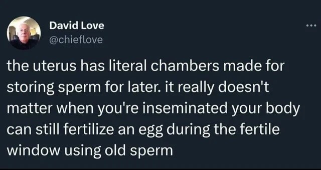 the uterus has literal chambers made for storing sperm for later. it really doesn't matter when you're inseminated your body can still fertilize an egg during the fertile window using old sperm