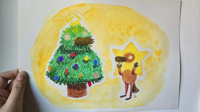 A with oil pastels done Christmas tree in the shape of a platypus missing its star. On the right is a platypus done with pastels with a star costume looking at the trees with a surprised expression. 
The background is yellow watercolour paint.