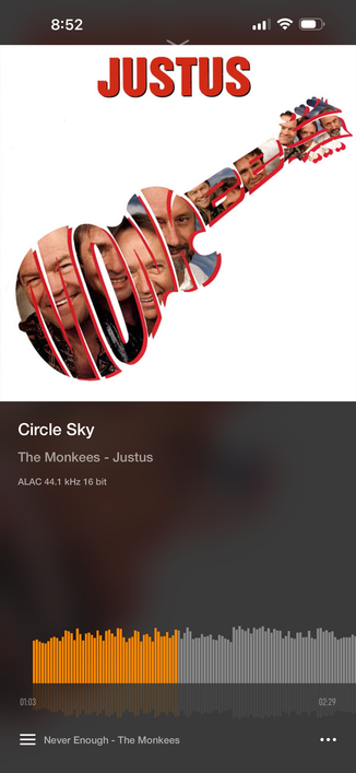 A screenshot from the Vox iOS app. The currently playing track is “Circle Sky” from the 1996 Monkees album, “Justus”.