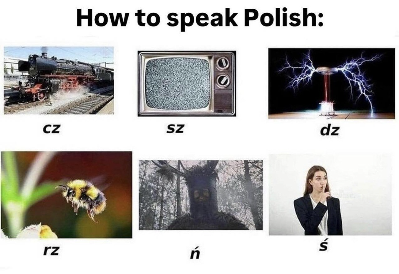 6 pictures, each for a sound in Polish. A steam locomotive for "cz". And old, analogue TV showing a white noise on the screen for "sz". A Tesla coil for "dz". A flying bumblebee for "rz". A knight from Monty Python, the one demanding a shrubbery, for "ń". A woman with a finger at her mouth, quieting someone for "ś".