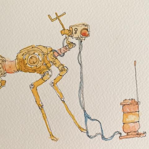 Detalle de la ilustracion, del venado robótico, con color amarillo en manchones de distintos tonos y linea negra de tinta.