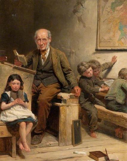 A late-Victorian oil painting, “The Dominie”, by William Stewart (1823–1906). Oil on canvas, Paisley Art Institute Collection, held by Paisley Museum and Art Galleries. An elderly male schoolteacher, bald, with white side-whiskers, sits side-on at a well-worn wooden sloping desk. He is wearing a greenish-brown tweed jacket and a dark waistcoat over a collarless shirt with a loose necktie, and brown trousers. He is holding a small battered book open in his right hand, and looks out of the picture, at us, over the top of small oval glasses. Behind him, the corner of a map of Scotland can be seen hanging on a cracked plaster wall; beneath it three small blond-haired boys are misbehaving (one watches while the second writes something in chalk on the back of the third). In the lower left of the painting, a young girl, wearing a dark blue dress with a white pinafore on top, sits looking out at us over the top of another battered schoolbook which she is holding against her chest. All the children are barefoot.