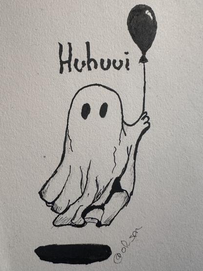 Ein einfach gezeichneter Geist mit einem schwarzem Ballon in der rechten Hand. Der Geist schwebt, was durch einen Schatten unter ihm angedeutet wird. Über dem Geist steht „Huhuui“