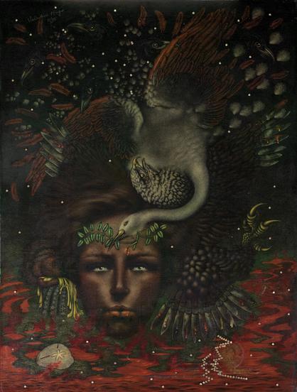 From the website: “In the present work, the poet's face emerges from the dark in the lower centre, below two birds that seem to emanate from his mind. One is an eagle, whose feathers blend into Rimbaud's hair and end in sharp blades. These are covered in red, green, white, and black droplets, showing Valentine Hugo's masterful draughtsmanship and her eye for detail. The other bird is white, resembling a swan, but with red feathers. The two birds intertwine in a fight, in which the eagle seems to protect Rimbaud from the sharp beak of the white bird. Five crows, which are a notorious harbinger of death in Rimbaud's poetry The Crows (Les Corbeaux) (1871), are hidden in the white bird's feathers. Nevertheless, this white bird of ill omen crowns Rimbaud with a laurel wreath, a symbolic attribute given to poets. The glory of the poet comes at a price however: one of the thorns pierces Rimbaud's forehead and causes glistening blood to drip from the wound. The blood stains his lips with red, which contributes to the poet's androgynous appearance…

In Portrait d'Arthur Rimbaud the poet's face floats in murky, green water populated by strange sea creatures. A flat sea urchin lies on the foreground, and another spiny sea urchin hides behind the poet's right ear. The latter opens to reveal a soft, slimy, dripping interior surrounded by tentacles.”