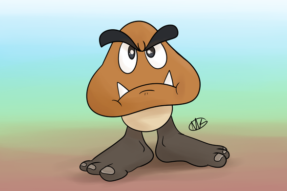 A Goomba from Super Mario Bros, but instead of its normal round shoe-like feet, it has human-like feet with three toes on each foot. This illustration invokes disgust upon most viewers.