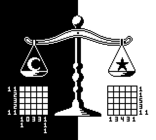 a black-and-white pixel art illustration of a set of balance scales with a sun and moon being weighed against each other, flanked on either side by a 5x5 nonogram puzzle.