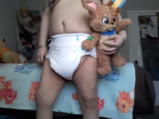 Friar in diaper holding Patches plushie