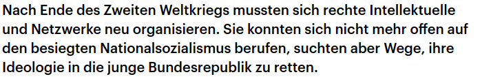 Nach Ende des Zweiten Weltkriegs mussten sich rechte Intellektuelle und Netzwerke neu organisieren. Sie konnten sich nicht mehr offen auf den besiegten Nationalsozialismus berufen, suchten aber Wege, ihre Ideologie in die junge Bundesrepublik zu retten.