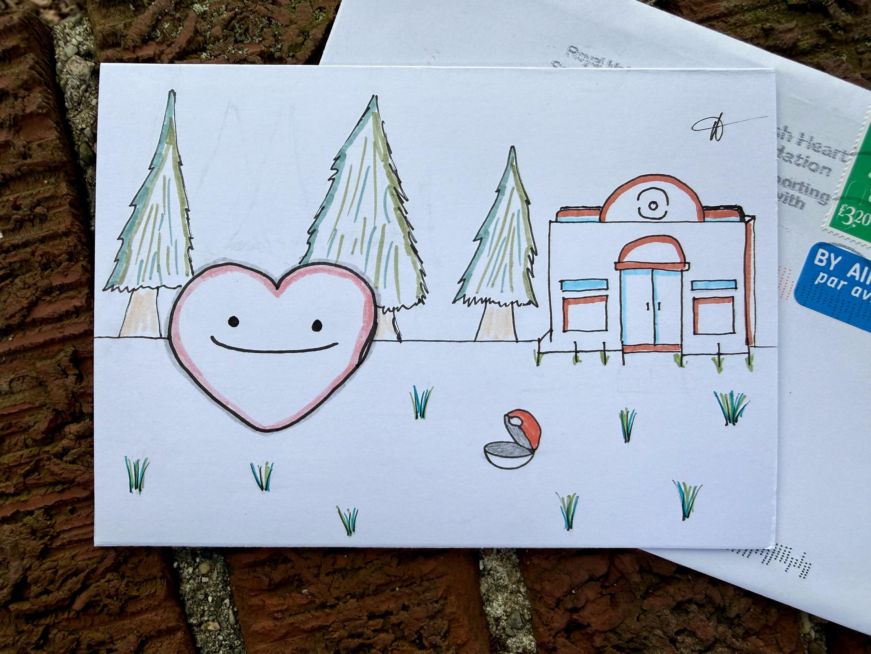 A greeting card featuring an illustrated Ditto Prami in a forest scene, with a pokéball and Pokémon center nearby.