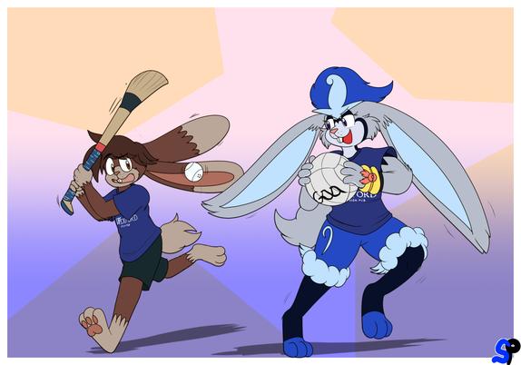 A scene depicting an anthropomorphic rabbit playing hurling and a blue Cinderace playing Gaelic football.