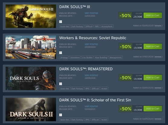 Screenshot meiner Steam Wunschliste, auf dem alle drei Dark Souls-Teile im Angebot sind: 20 € statt Vollpreis (50€) für jeden der drei Teile.