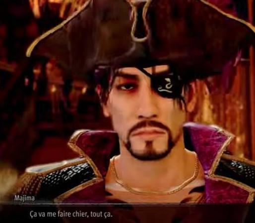 Goro Majima déguisé en pirate (tricorne, cache oeil et costume) le sous titre disant "ça va me faire chier, tout ça"