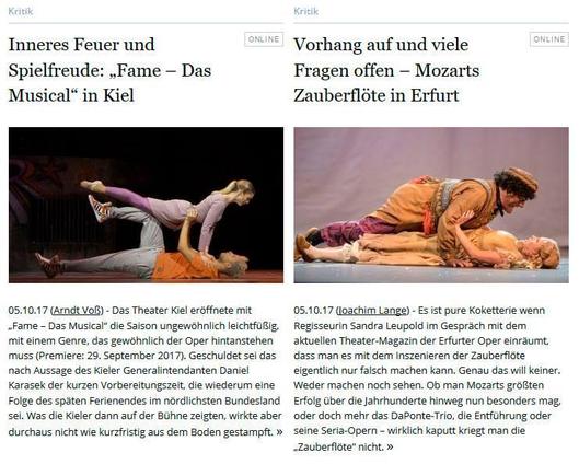 Der Unterschied zwischen Musical und Singspiel dargestellt durch Szenenfotos. „Zauberflöte“ in Erfurt vs. „Fame“ in Kiel.