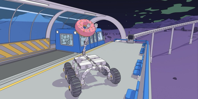 Screenshot eines Videospiels. Ein sechsrädriger Roboter trägt an einem Greifarm einen Donut.
