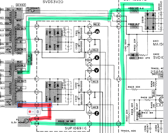 Schematic of the parts of the amp that are mentioned in the post. The two paths of current to/from the bulb are highlighted. The setup is odd in that the two connections got to two different secondary windings of the transformer. In the working case, the resultant voltage would be about ten volts, which is then dropped to 6.3V or so by two resistors.