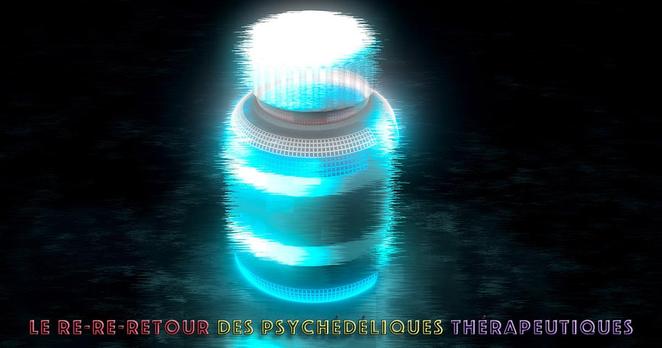 Illustration numérique représentant un flacon lumineux se désagrégeant dans l’obscurité, symbolisant le mirage récurrent des “révolutions” psychédéliques thérapeutiques. En bas de l’image figure le texte : « Le re-re-retour des psychédéliques thérapeutiques ».