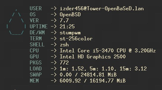 . USER  -> izderd56@Touer-OpenBaSeD.lan
IN 0s -> OpenBSD
/ ON VER > 7.7
1 | UPTIME -> 21:25
\/ DE/HH -> stumpum
TERM => st-256color
SHELL => zsh
CPU -> Intel Core i5-3470 CPU @ 3.206Hz
GPU => Intel HD Graphics 2500
PKGS => 772
LOAD => im: 1.52, 5m: 1.10, 15m: 3.12
SHAP => 0.00 / 24814.81 MiB
MEM => 6009.92 / 16194.77 MiB
