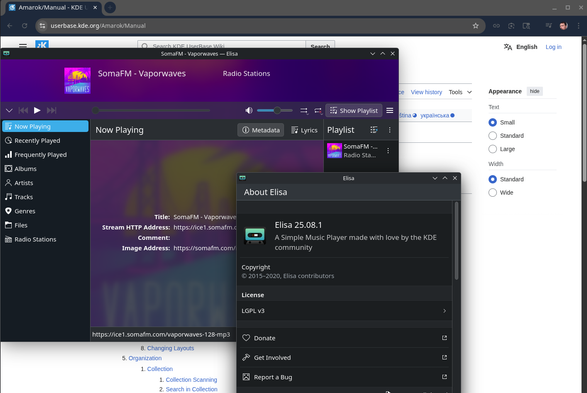 Screen grab of KDE Elisa docs webpage page. Elisa music player app overlaps, About page is open

Elisa 25.08.1
A Simple music player made with love by the KDE community.