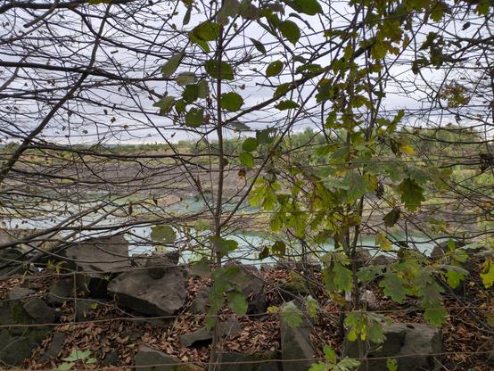 Odkrywka widziana przez płot z siatki, o szerokich prostokątnych okach, miejscami przesłonięta drobnymi liśćmi i gałązkami. Większa część wypełniona jest wodą o szmaragdowym kolorze, miejscami wystają z niej wyspy pokryte ziemią i odrobiną roślinności. Strome ściany mają brązowo-szary kolor, nieco powyżej poziomu wody widać szeroką półkę, kolejna dopiero znacznie wyżej. W oddali rozmyta zieleń drzew na tle żółtych traw. Niebo pochmurne, białe na linii horyzontu, srebrzystobłękitne wyżej.