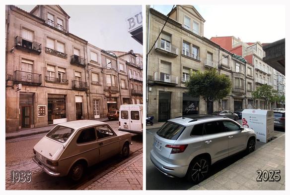 2 fotos comparativas da rúa do Cardeal Quevedo en Ourense, correspondentes aos anos 1986 e 2025. Na máis vella pode verse umha tenda de Zara nun baixo que hoxe permanece pechado, cabo dun hotel de 4 estrelas.