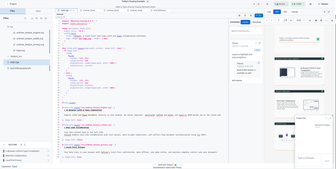 TeXlyre web GUI showing the file-explorer panel, the editor showing the typst script with a comment pamel to the right. A larger right-most panel displays the compiled PDF, showing touying slides using the metropolis theme, with three slides highlighting TeXlyre's features. At the top, there is a header showing a "back to projects" button, the Typst project's name ("TeXlyre Touying Example") and description, followed by the compile button, share project button, backup tools button, collaboration tools button, settings button, and user profile drop-down. A collapsible small chat panel is shown in the bottom right. The TeXlyre footer providing links to the source code and documentation is shown in the center-bottom part of the page