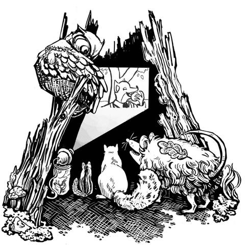 Graphic depicting a group of woodland animals huddled inside an old tree and watching a movie together, on a projector run by a wise old owl.