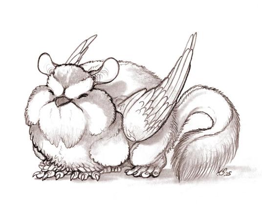 A pencil drawing showing a tiny Gryphon that is a mixture between a European Robin and a European Edible Dormouse, it has it's eyes closed and is relaxed.