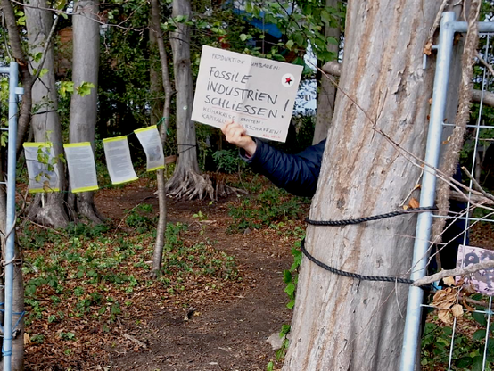 Zwischen zwei Metallzäunen am Eingang zum Sündenwäldchen steht eine Person hinter einem Baum und hält ein Pappschild in die Kamera: "Produktion umbauen: Fossile Industrien schließen! Klimakrise stoppen: Kapitalismus abschaffen! (ASN Köln)"; dabenebn hängen Info-Zettel an einer Leine; im Hintergrund Baumhäuser zwischen grünen Laubbäumen.