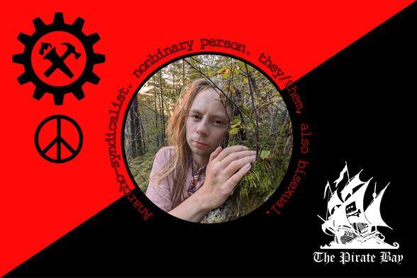 A calm person leaning against a moss-covered tree in a forest, framed by a diagonal red and black anarchist flag background with peace and pirate symbols. Centered text around a profile picture reads: 'Anarcho-syndicalist, nonbinary person, they/them, also bisexual.'