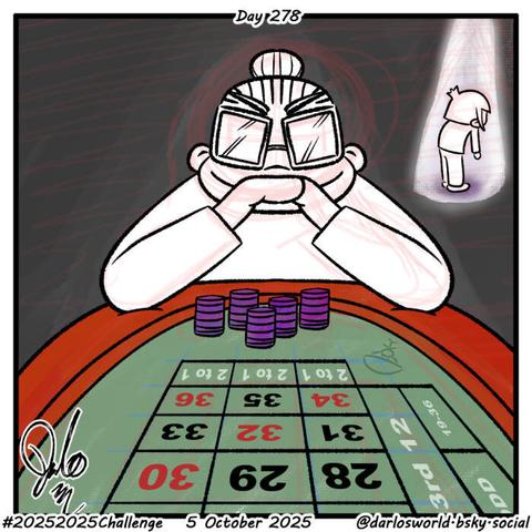 Drawing of Momma Darlo and Darlo at a casino roulette table. Darlo is sad in the distance, having lost all his chips. Momma Darlo is smiling, with a good set of chips.